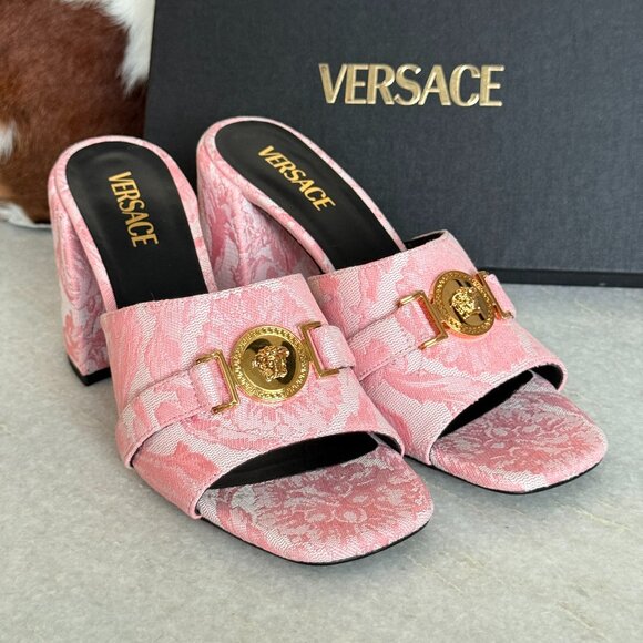 Versace Shoes - VERSACE Women's Medusa Mule Jacquard Pink Fabric Sandals heels, Sz. 41